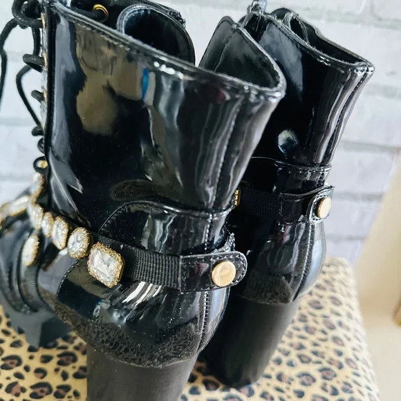 Wild Diva Black Patent Leather Gemstone Boots - Picture 7 of 16